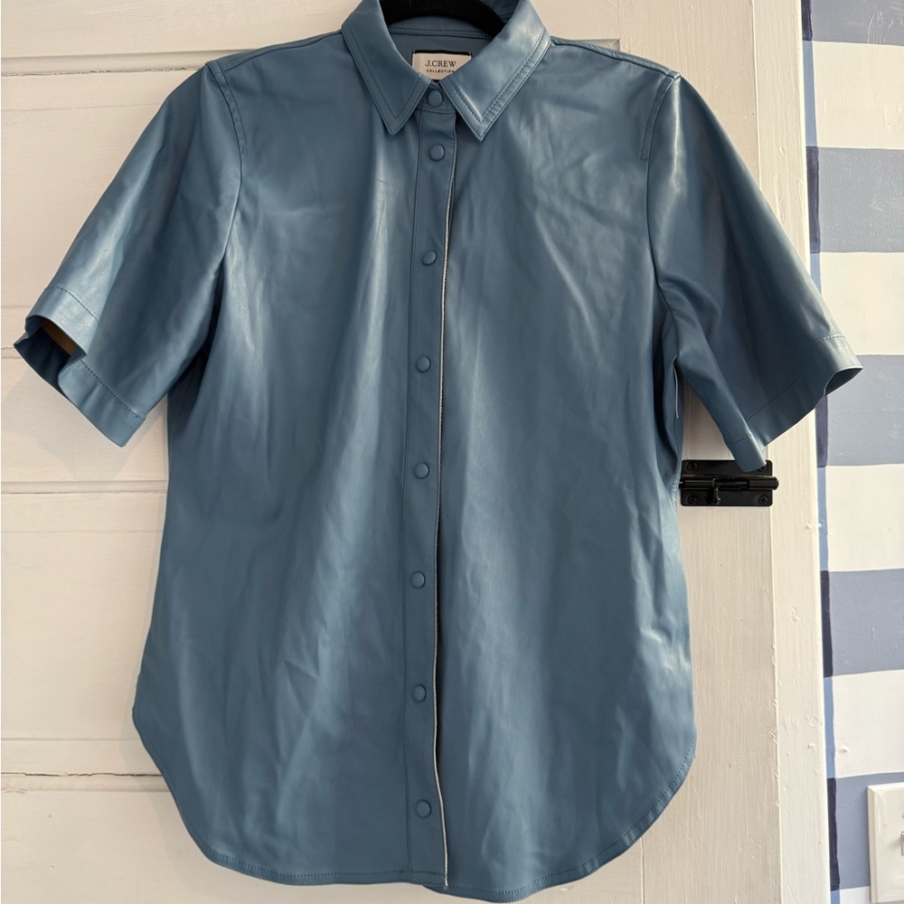 Jcrew blue leather short sleeve blouse
